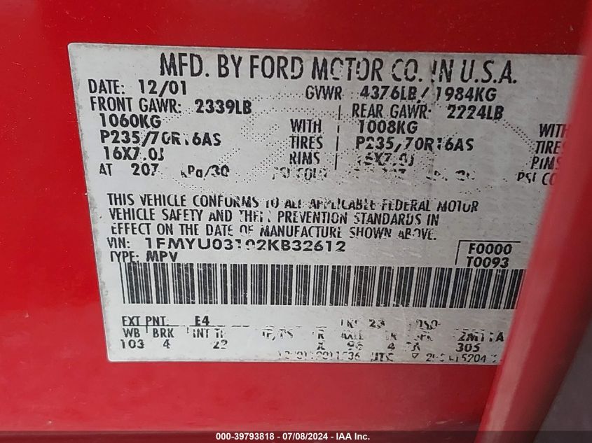 2002 Ford Escape Xlt VIN: 1FMYU03102KB32612 Lot: 39793818