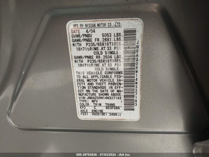 2004 Nissan Murano Sl/Se VIN: JN8AZ08W14W327193 Lot: 39793836