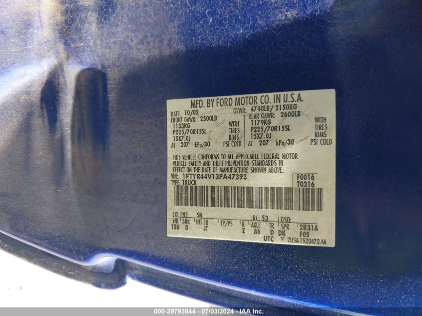2003 Ford Ranger Edge/Tremor/Xlt VIN: 1FTYR44V13PA47393 Lot: 39793844
