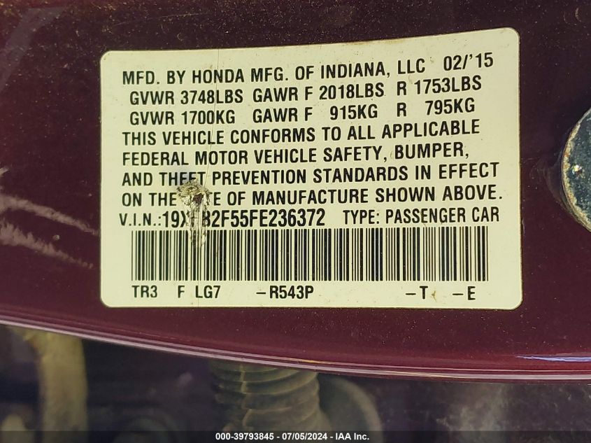 19XFB2F55FE236372 | 2015 HONDA CIVIC