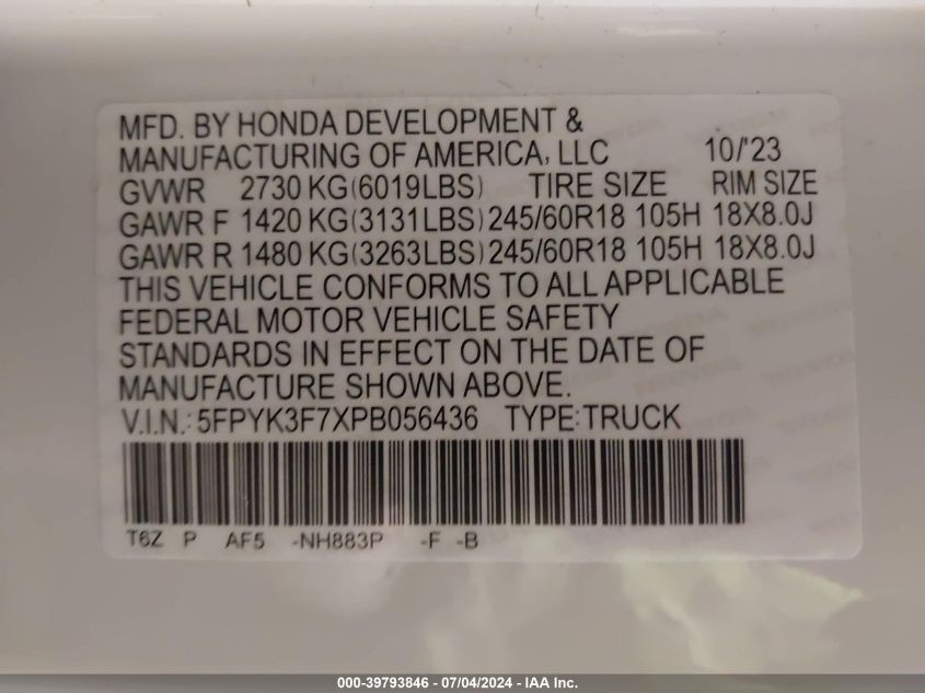 2023 Honda Ridgeline Rtl-E VIN: 5FPYK3F7XPB056436 Lot: 39793846