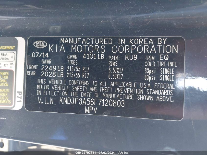 2015 Kia Soul + VIN: KNDJP3A56F7120803 Lot: 39793851