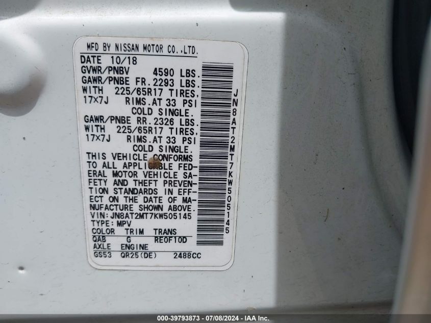 2019 Nissan Rogue Sv VIN: JN8AT2MT7KW505145 Lot: 39793873