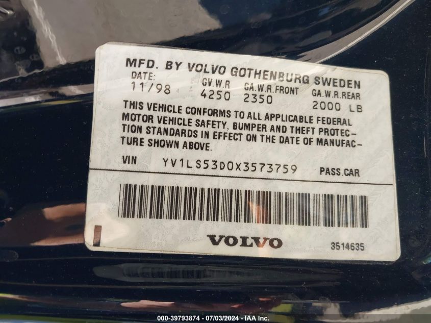 1999 Volvo S70 T5 VIN: YV1LS53D0X3573759 Lot: 39793874