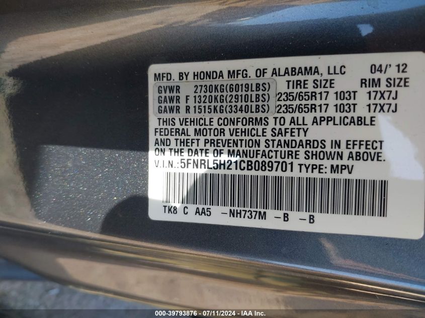 2012 Honda Odyssey Lx VIN: 5FNRL5H21CB089701 Lot: 39793876