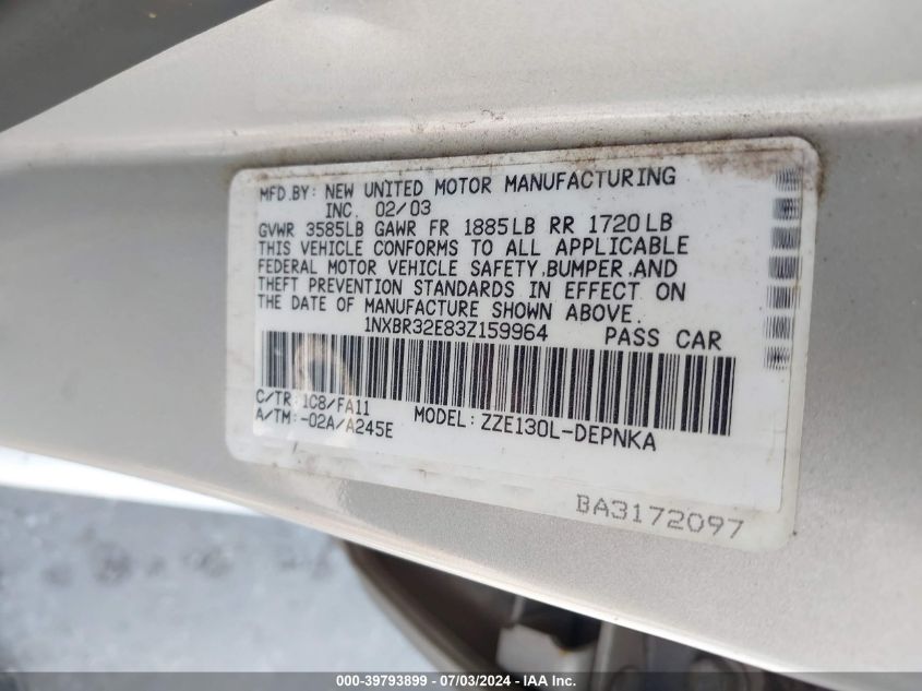 2003 Toyota Corolla Le VIN: 1NXBR32E83Z159964 Lot: 39793899