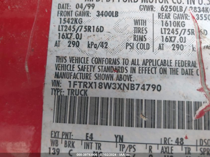 1999 Ford F-150 Lariat/Work Series/Xl/Xlt VIN: 1FTRX18W3XNB74790 Lot: 39793906