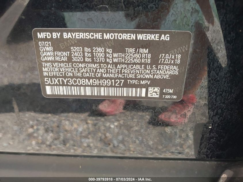 2021 BMW X3 Sdrive30I VIN: 5UXTY3C08M9H99127 Lot: 39793918