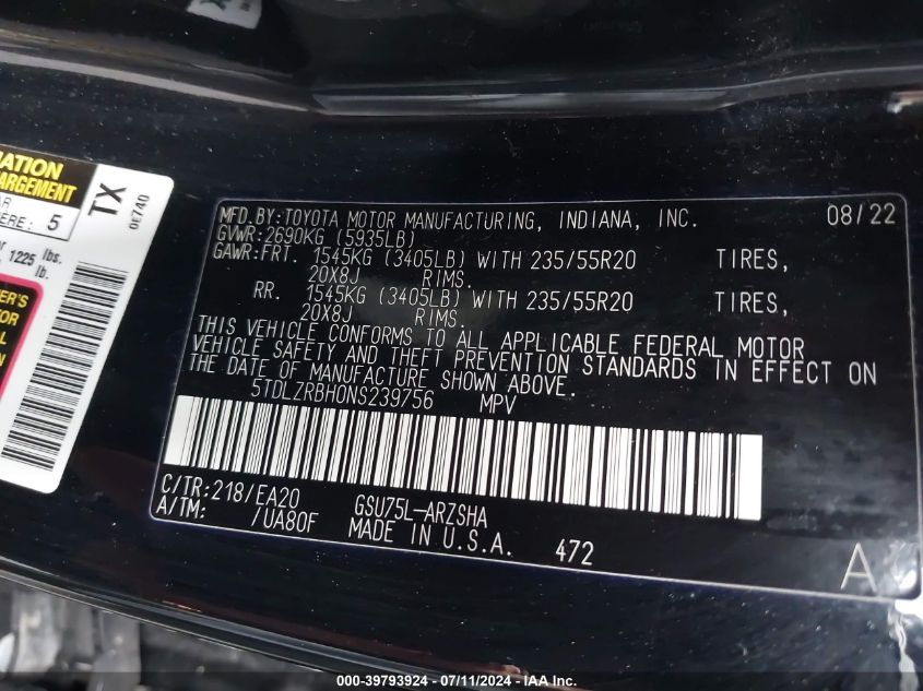 2022 Toyota Highlander Xse VIN: 5TDLZRBH0NS239756 Lot: 39793924