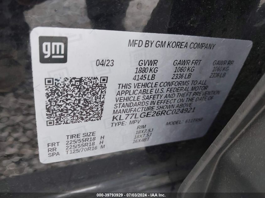 2024 Chevrolet Trax 1Rs VIN: KL77LGE26RC024921 Lot: 39793929