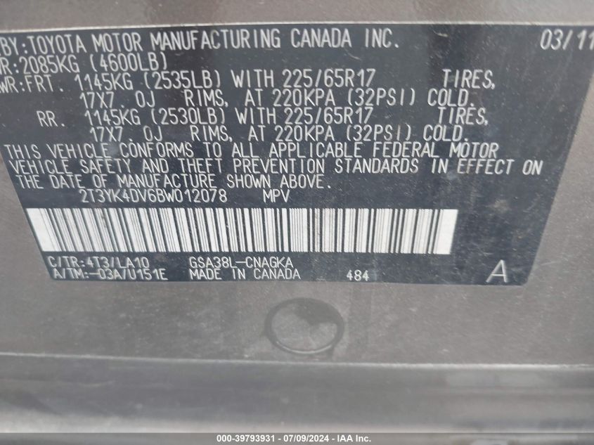 2011 Toyota Rav4 Limited V6 VIN: 2T3YK4DV6BW012078 Lot: 39793931