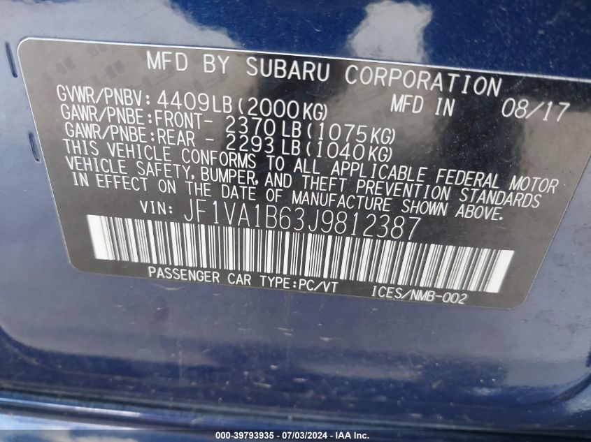 2018 Subaru Wrx Premium VIN: JF1VA1B63J9812387 Lot: 39793935