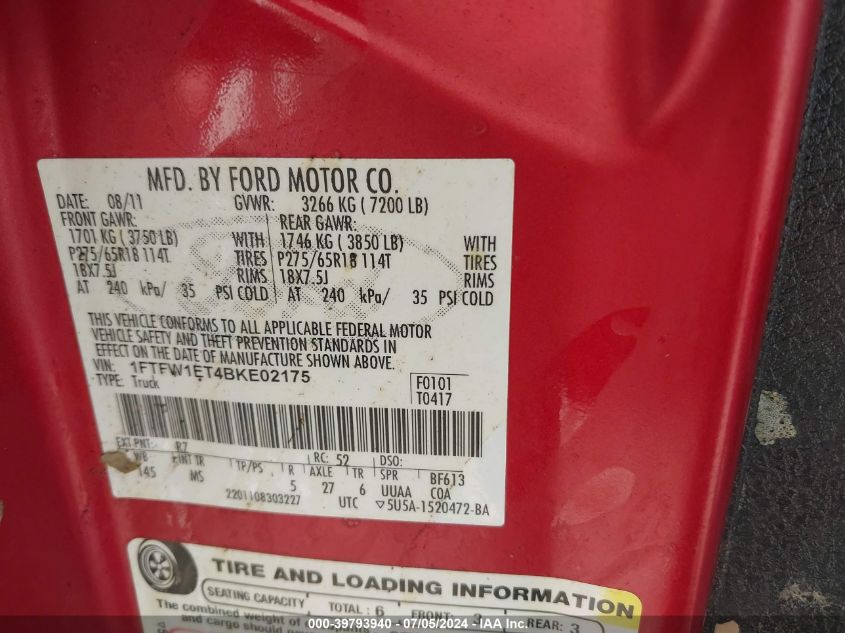 2011 Ford F-150 Xlt VIN: 1FTFW1ET4BKE02175 Lot: 39793940