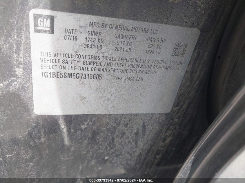 2016 Chevrolet Cruze Lt Auto VIN: 1G1BE5SM6G7313605 Lot: 39793942