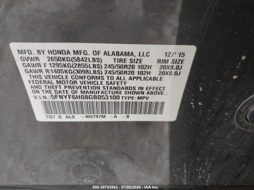 2016 Honda Pilot Elite VIN: 5FNYF6H08GB053100 Lot: 39793943