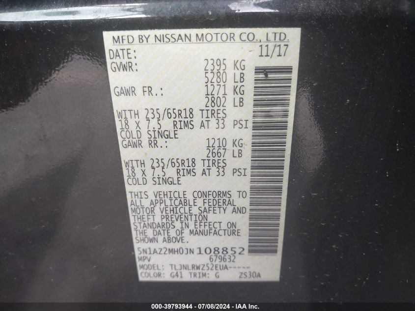 2018 Nissan Murano S/Sl/Sv/Platinum VIN: 5N1AZ2MH0JN108852 Lot: 39793944