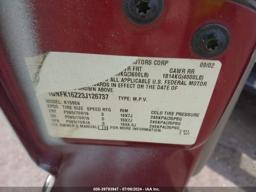 2003 Chevrolet Suburban 1500 Ls VIN: 1GNFK16Z23J126737 Lot: 39793947