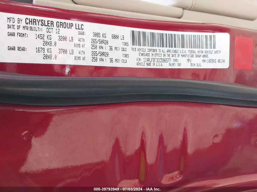 2013 Jeep Grand Cherokee Limited VIN: 1C4RJFBT3DC596577 Lot: 39793949