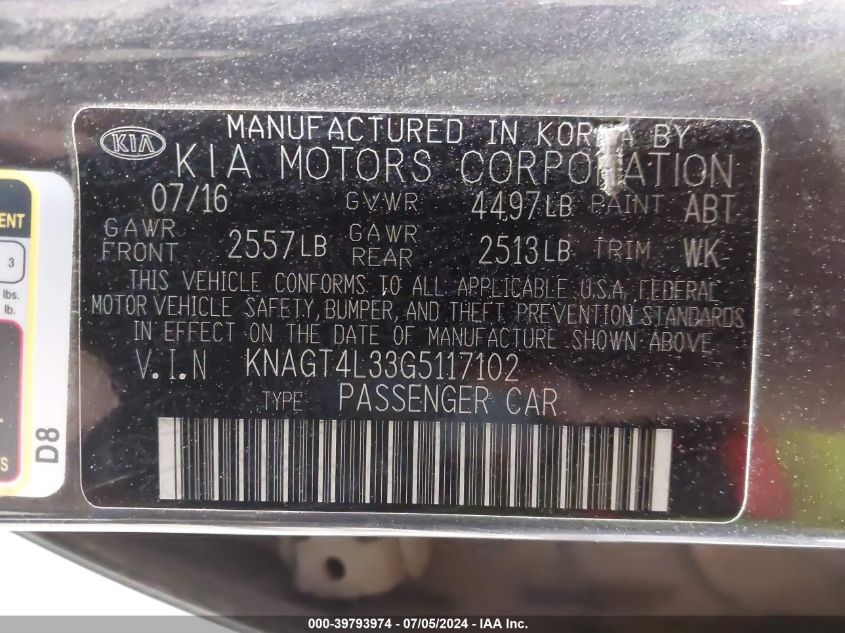 2016 Kia Optima Lx VIN: KNAGT4L33G5117102 Lot: 39793974