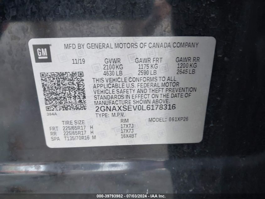 2020 Chevrolet Equinox Ls VIN: 2GNAXSEV0L6178316 Lot: 39793982