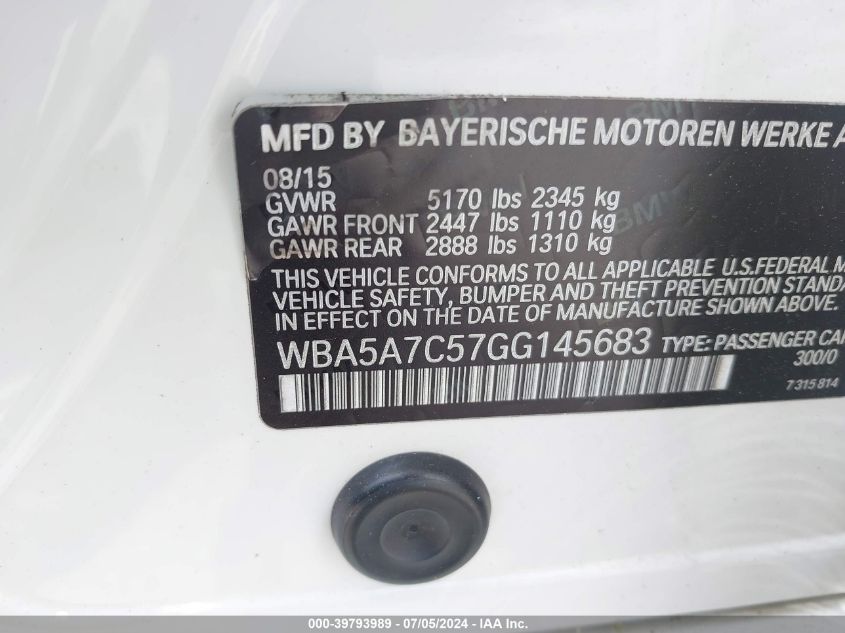 2016 BMW 528I xDrive VIN: WBA5A7C57GG145683 Lot: 39793989