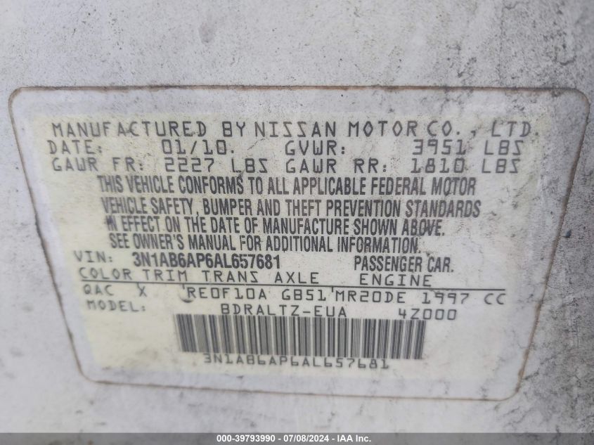 2010 Nissan Sentra 2.0/2.0S/Sr/2.0Sl VIN: 3N1AB6AP6AL657681 Lot: 39793990