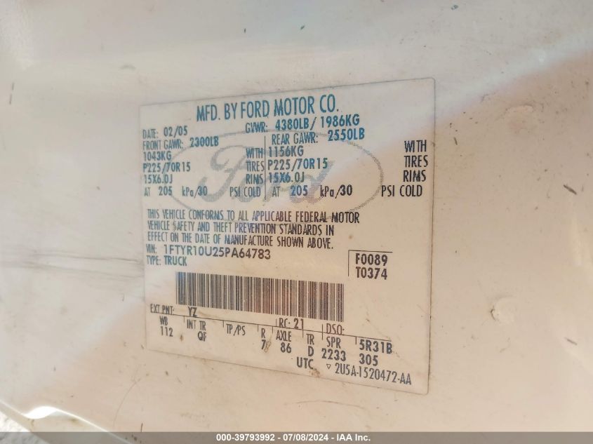 2005 Ford Ranger VIN: 1FTYR10U25PA64783 Lot: 39793992