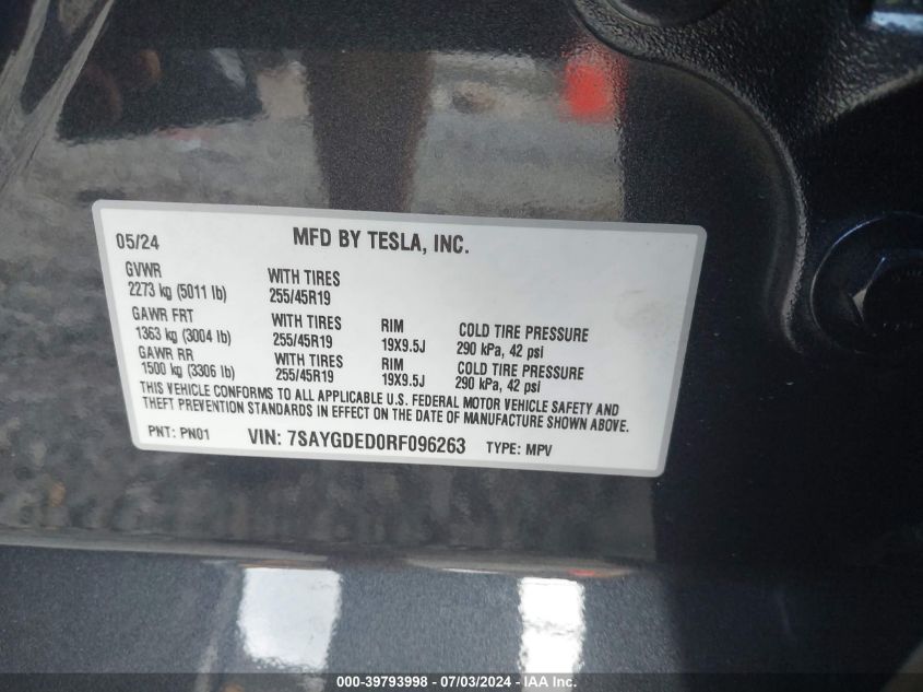 2024 Tesla Model Y Long Range/Rwd VIN: 7SAYGDED0RF096263 Lot: 39793998