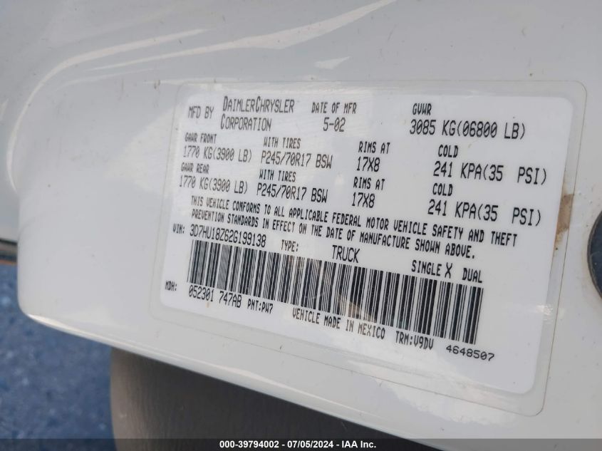 2002 Dodge Ram 1500 St VIN: 3D7HU18Z62G199138 Lot: 39794002