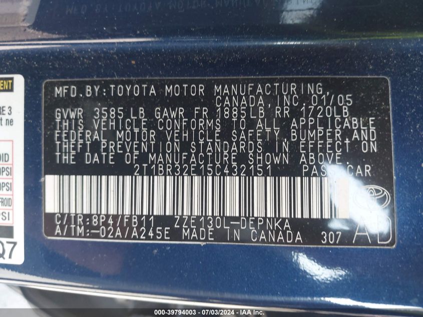 2005 Toyota Corolla Le VIN: 2T1BR32E15C432151 Lot: 39794003
