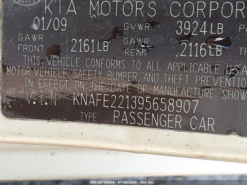 2009 Kia Spectra Ex VIN: KNAFE221395658907 Lot: 39794004