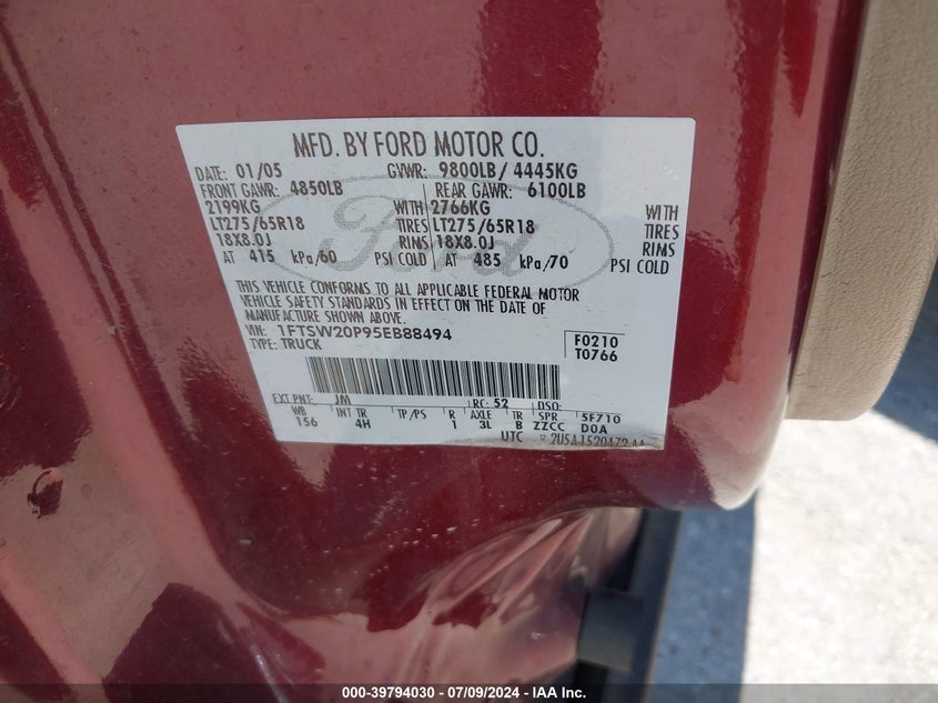 2005 Ford F-250 Lariat/Xl/Xlt VIN: 1FTSW20P95EB88494 Lot: 39794030