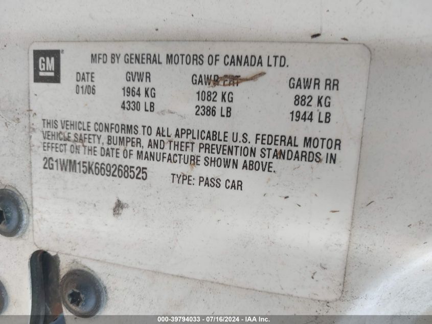 2006 Chevrolet Monte Carlo Lt VIN: 2G1WM15K669268525 Lot: 39794033