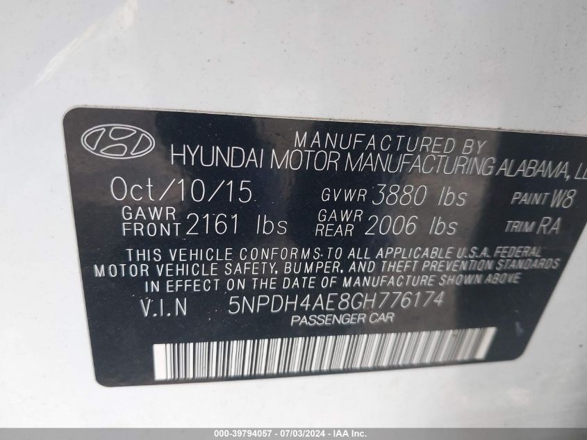 5NPDH4AE8GH776174 | 2016 HYUNDAI ELANTRA