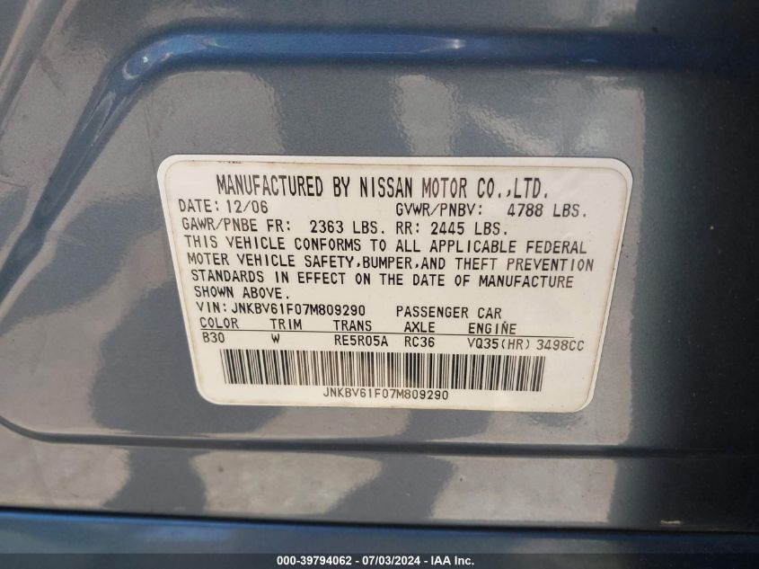 2007 Infiniti G35X VIN: JNKBV61F07M809290 Lot: 39794062