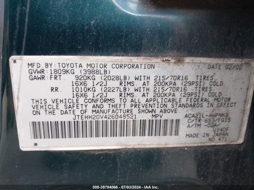 2002 Toyota Rav4 VIN: JTEHH20V426048521 Lot: 39794066
