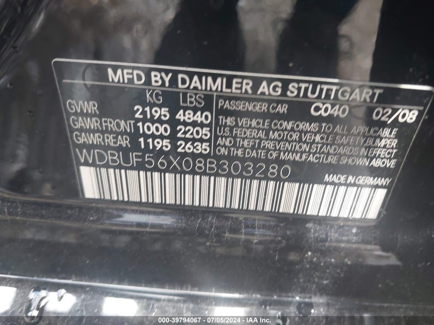 2008 Mercedes-Benz E 350 VIN: WDBUF56X08B303280 Lot: 39794067