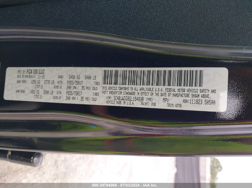 2016 Jeep Wrangler Unlimited Sport VIN: 1C4BJWDG8GL154898 Lot: 39794069