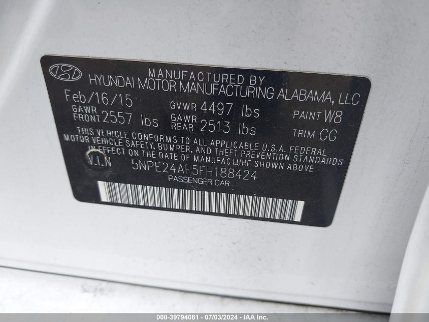 2015 Hyundai Sonata Se VIN: 5NPE24AF5FH188424 Lot: 39794081