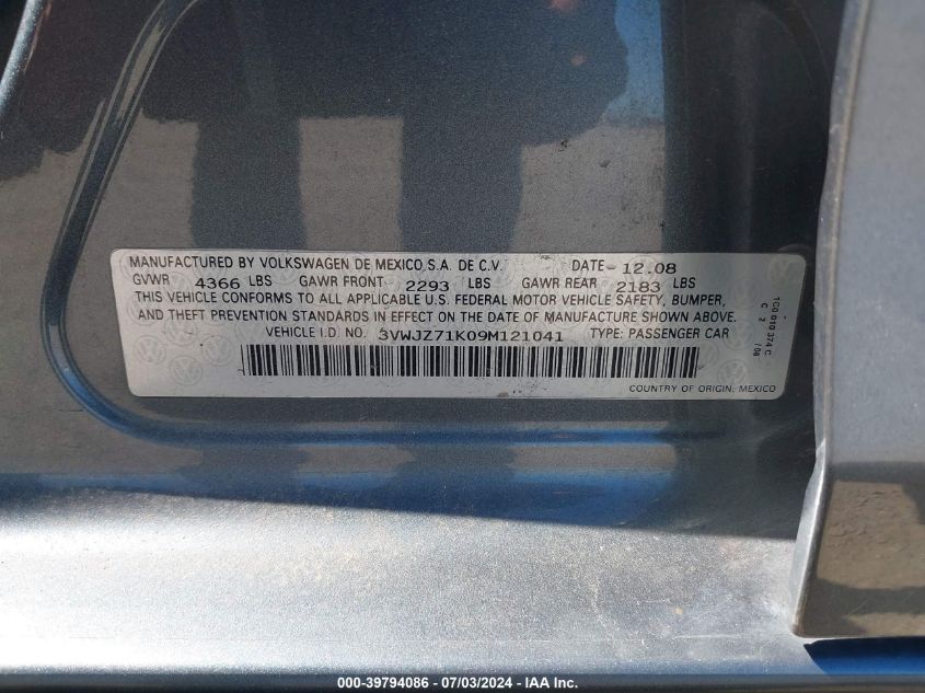 2009 Volkswagen Jetta S VIN: 3VWJZ71K09M121041 Lot: 39794086