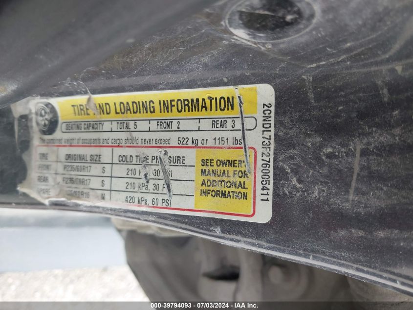 2007 Chevrolet Equinox Lt VIN: 2CNDL73F276005411 Lot: 39794093