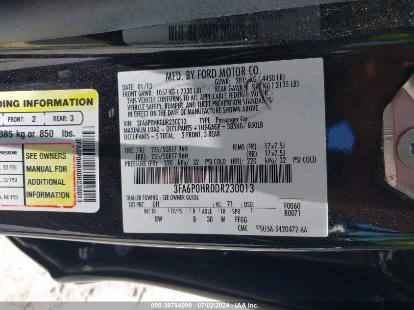 3FA6P0HR0DR230013 | 2013 FORD FUSION