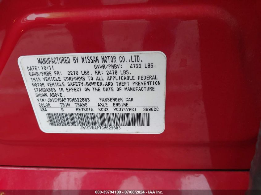 2012 Infiniti G37 Sport VIN: JN1CV6AP7CM622883 Lot: 39794109