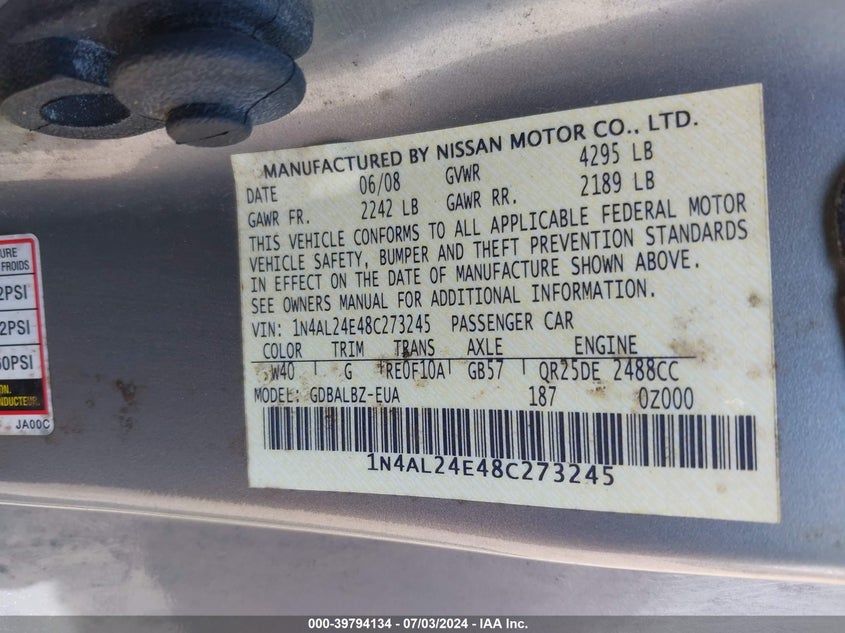 2008 Nissan Altima 2.5 S VIN: 1N4AL24E48C273245 Lot: 39794134