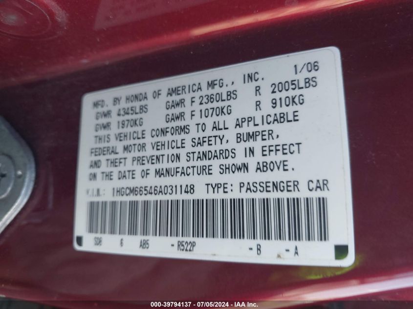 2006 Honda Accord 3.0 Ex VIN: 1HGCM66546A031148 Lot: 39794137