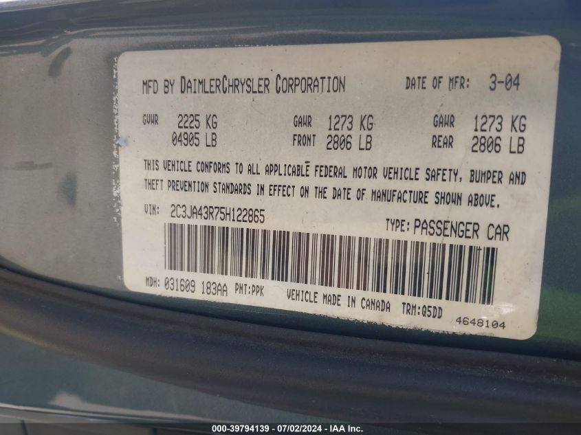 2005 Chrysler 300 VIN: 2C3JA43R75H122865 Lot: 39794139