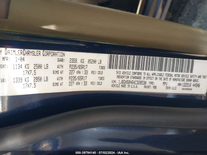 2004 Jeep Grand Cherokee Limited VIN: 1J8GX58N64C328530 Lot: 39794140