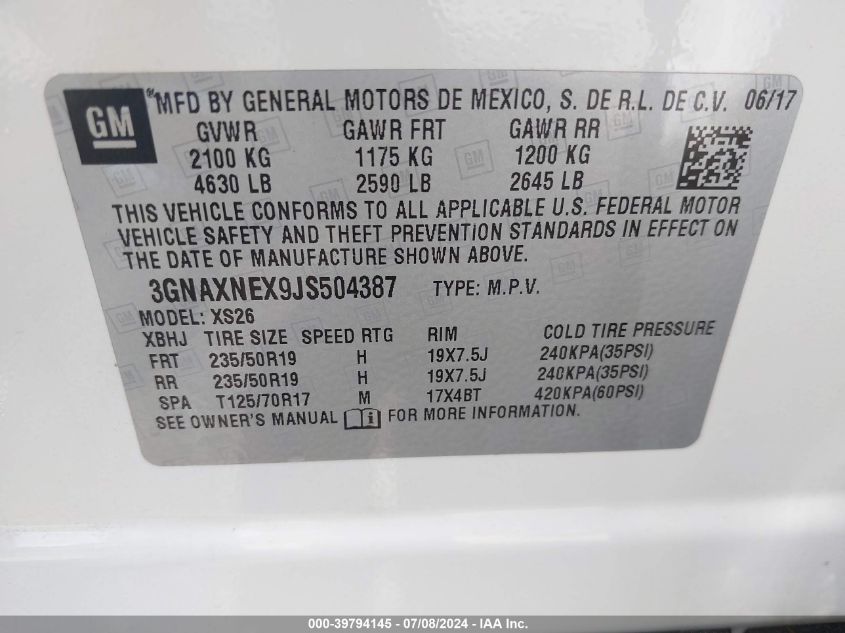 2018 Chevrolet Equinox Premier VIN: 3GNAXNEX9JS504387 Lot: 39794145