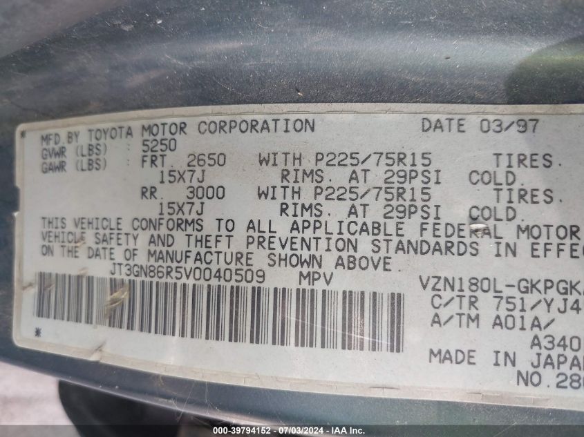 1997 Toyota 4Runner Sr5 V6 VIN: JT3GN86R5V0040509 Lot: 39794152