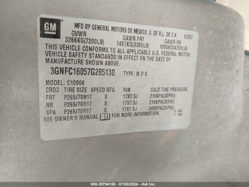 2007 Chevrolet Suburban 1500 Lt VIN: 3GNFC16057G285130 Lot: 39794158